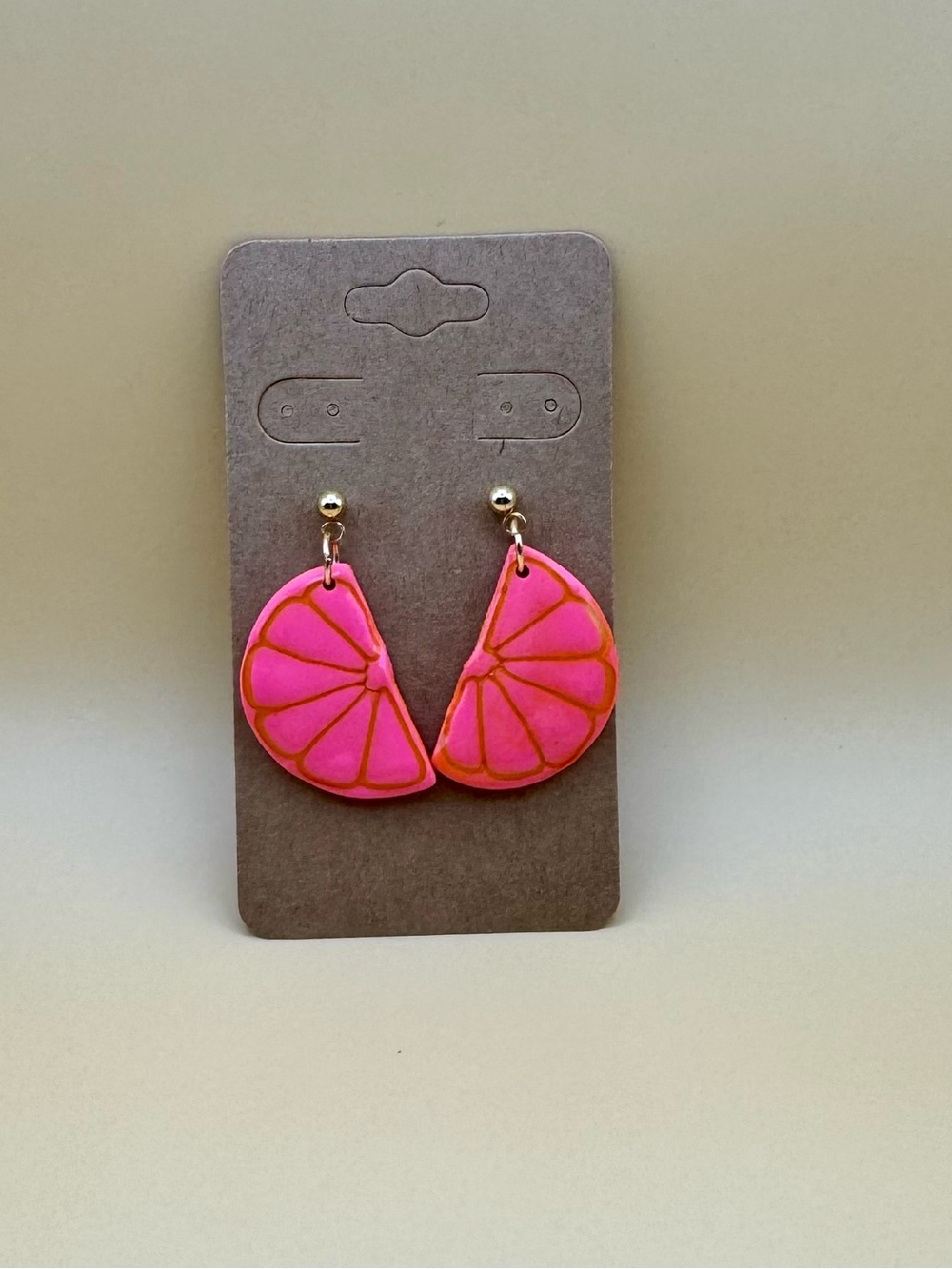Pink Citrus Slice Dangle Earrings - Gold Accent